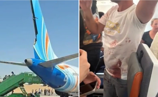 Voo da flydubai após pouso de emergência; à direita, passageiro que ajudou a conter o suposto agressor, com sangue do capitão nas roupas. (Captura de tela/Times of Israel)