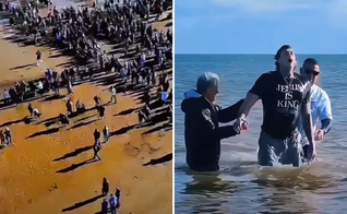 Batismo coletivo reúne cerca de 550 pessoas em praia da Inglaterra. (Captura de tela/Instagram/Merlin Kraft)