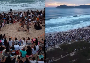 O culto na praia. (Foto: Reprodução/Instagram/Surf House Comunidade Cristã)
