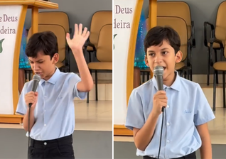 Davy, de 11 anos, emociona ao louvar na igreja com entrega e espontaneidade. (Captura de tela/Instagram/Kelley Freire)