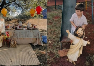 Caio brincando com o personagem de Jesus. (Foto: Reprodução/Instagram/Camila Serato)