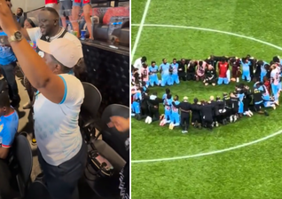 Torcedores da RD Congo louvam a Deus nas arquibancadas, enquanto jogadores e comissão técnica se ajoelham em oração após a partida. (Captura de tela/Instagram/JuniorMuhubao; X/BallersinGod)