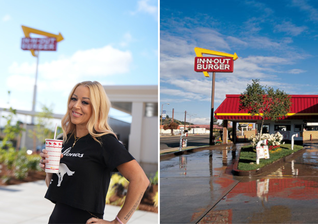 Lynsi Snyder, presidente e proprietária da In-N-Out Burger, e uma unidade da rede nos Estados Unidos. (Foto: Divulgação)