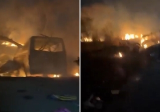 O micro-ônibus foi destruído pelo fogo após a colisão. (Foto: Reprodução/Correio da Manhã)