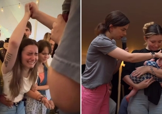 A mulher com o filho nos braços testemunhando a cura. (Foto: Reprodução/Instagram/Victoria Rich Sosa)
