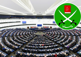 Plenário do Parlamento Europeu e emblema da Irmandade Muçulmana. (Montagem: Wikimedia Commons)