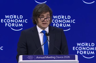Javier Milei discursa no Fórum Econômico Mundial, em Davos, Suíça, em 21 de janeiro de 2026. (Captura de tela/YouTube/World Economic Forum)