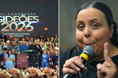 A pastora Helena Raquel no congresso Gideões 2026. (Foto: Reprodução/YouTube/Gideões Missionários da Última Hora)