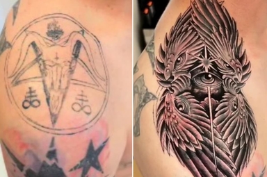 Dalton transformou o símbolo satânico em um desenho de um anjo. (Foto: Reprodução/Instagram/redemption__tattoos).
