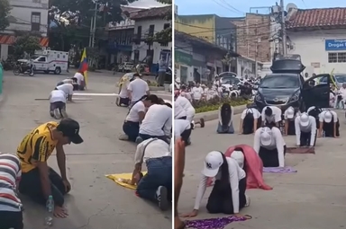 Os cristãos de joelhos nas ruas da Colômbia. (Foto: Reprodução/Instagram/TVO Xela)