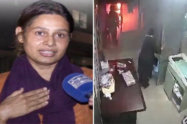 Enfermeira cristã Razia Noreen e imagens de segurança que registraram o incêndio no berçário do hospital. (Foto: Facebook/Shahid Ali Khan)