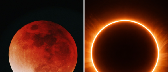 Lua de sangue e anel de fogo (Fotos: Yu Kato / Unsplash / IA)