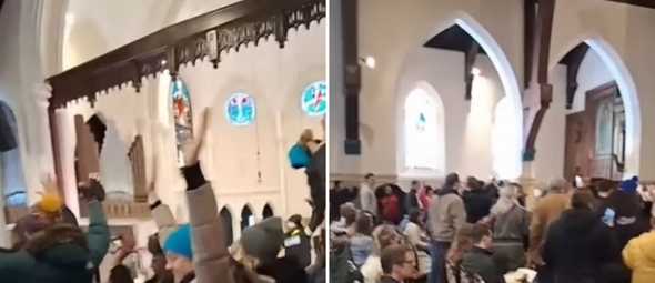 Protesto na Cities Church, no estado de Minnesota. (Foto: Reprodução/YouTube/WCCO - CBS Minnesota)