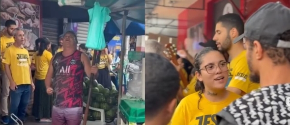 Os cristãos continuaram pregando na feira alagada. (Foto: Reprodução/Instagram /Marcelo Moreno Gomes).