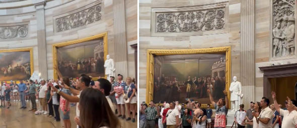 Cristãos participam de um culto de louvor na rotunda do Capitólio, durante as celebrações dos 250 anos dos EUA. (Captura de tela/X/Sean Feucht)