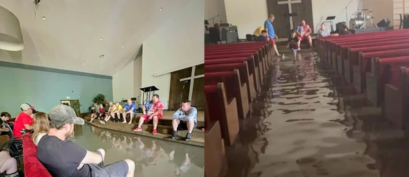 Os cristãos louvaram a Deus em meio ao alagamento. (Foto: Facebook/Harvest - Sharing Life).