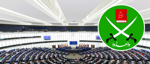 Plenário do Parlamento Europeu e emblema da Irmandade Muçulmana. (Montagem: Wikimedia Commons)