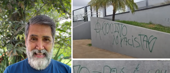 Pastor Wilber Batista denuncia pichações ofensivas nas paredes da igreja Núcleo da Fé Noroeste, em Brasília. (Captura de tela/Instagram/ibi_batista)