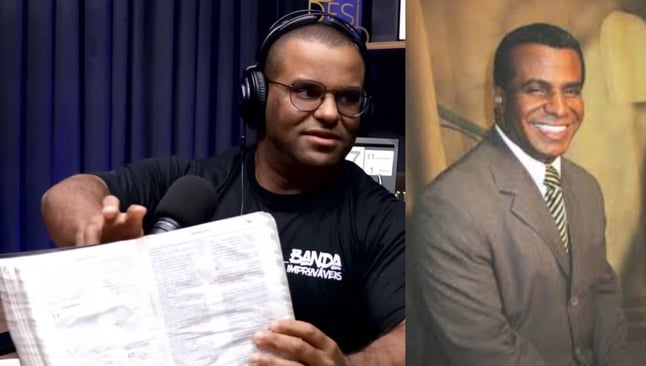Eliezer da Luz, filho de Luiz Antônio da Luz, mostrou a Bíblia do pai. (Foto: Reprodução/YouTube/Dilson Gomes/Instagram/pastor.luizantonio).