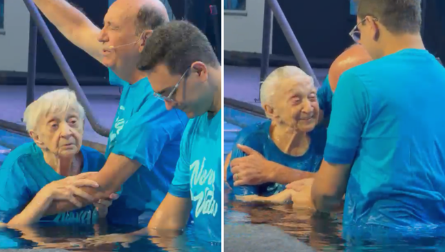 D. Jandyra Cosentino sendo batizada nas águas. (Foto: Arquivo pessoal)