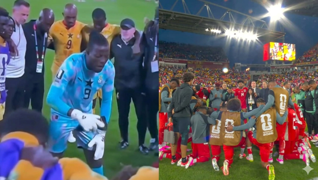 As Seleções do Panamá e de Gana oraram após o jogo. (Foto: Reprodução/Instagram/Ballersingod/Reprodução/YouTube/CazéTV).