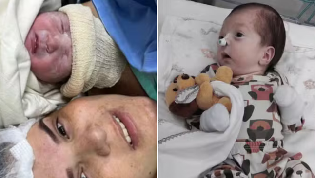 Letícia Cristina com seu filho Noah Gabriel no dia do nascimento e, à direita, o bebê durante a recuperação após deixar a UTI. (Fotos: Arquivo pessoal)