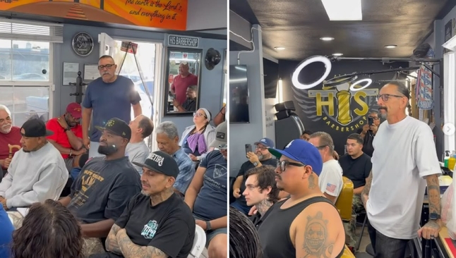Homens louvando a Deus na barbearia. (Foto: Reprodução/Instagram/Mark Gonzalez)