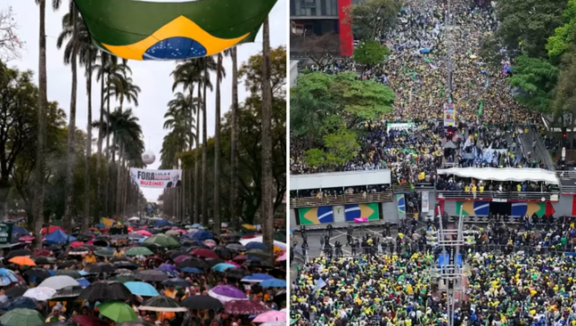 Manifestações do 7 de Setembro na Praça da Liberdade, em Belo Horizonte (à esquerda), e na Avenida Paulista, em São Paulo (à direita). (Capturas de tela: Instagram/Nikolas Ferreira/Silas Malafaia)
