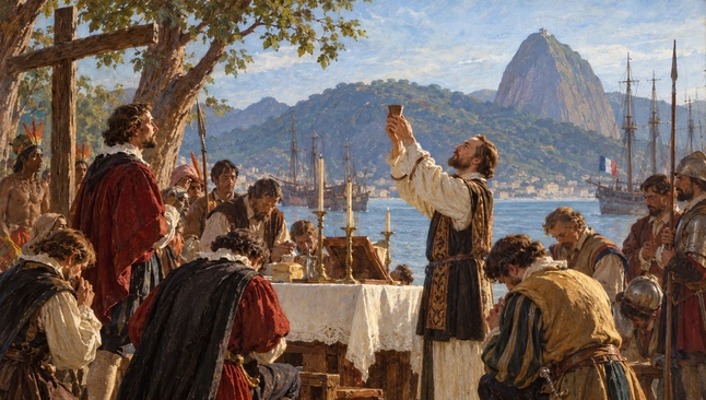 Primeiro culto protestante no Brasil. (Foto: Imagem ilustrativa gerada por IA).