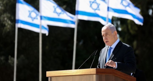 Benjamin Netanyahu durante cerimônia memorial em Tel-Hai, no norte de Israel, em 23 de fevereiro de 2021. (Foto: David Cohen/Flash90)