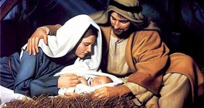 Jesus na manjedoura com José e Maria
