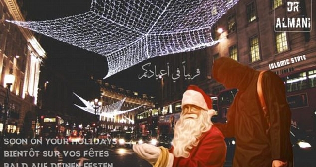 Imagem divulgada pelo Estado Islâmico expõe uma figura do Papai Noel ajoelhado para ser decapitado por um terrorista. (Imagem: Daily Mail)