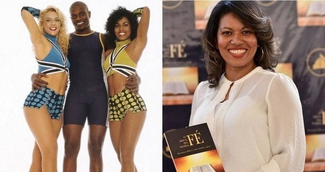 Débora Brasil com Carla Perez e Edson Cardoso (à esquerda) como dançarinos do É o Tchan e atualmente. (Imagem: Extra)