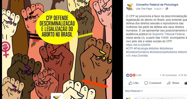 Publicação do Conselho Federal de Psicologia em sua página oficial do Facebook, defendendo abertamente a legalização do aborto. (Foto: Facebook)