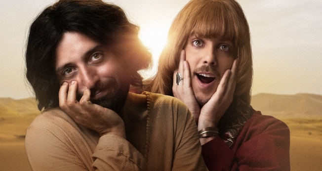 Gregório Duvivier (esquerda) e Fábio Porchat (direita) interpretam respectivamente Jesus e o diabo no novo filme do Porta dos Fundos. (Imagem: Netflix)