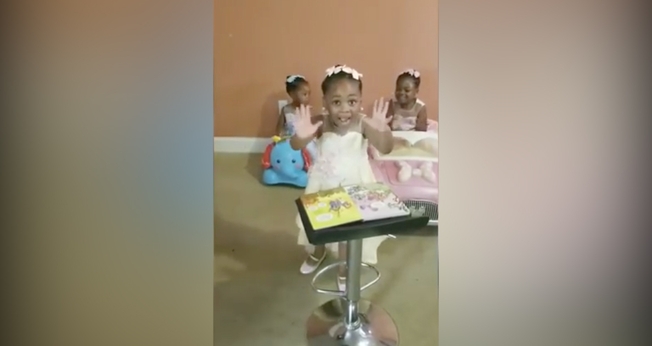Imagens da pequena Grace, que improvisou um púlpito e pregou para as irmãs. (Foto: Harmony Love)