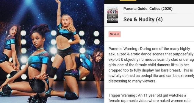 Imagem compartilhada no Twitter mostra banner de divulgação de "Cuties", usado pela Netflix anteriormente e print do aviso do IMDb sobre o conteúdo ofensivo do filme. (Imagem: Twitter)