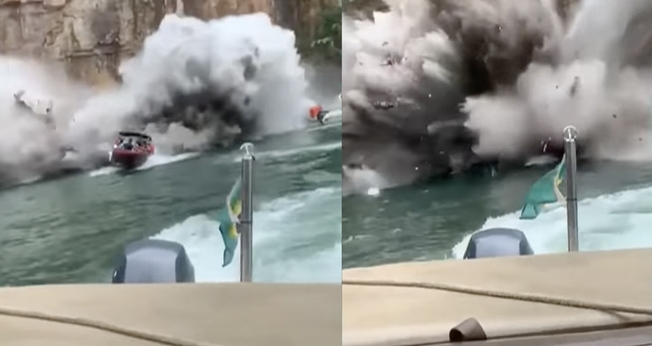 Momento em que um pedaço da parede do cânion de Furnas se desprendeu, em Capitólio, Minas Gerais. (Foto: Captura de tela/CNN News)