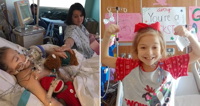 Avery Brekle junto com sua doadora, a irmã Sara adotiva (à esquerda) e em seu quarto se recuperando do transplante (Foto: Reprodução/Facebook/BPress)
