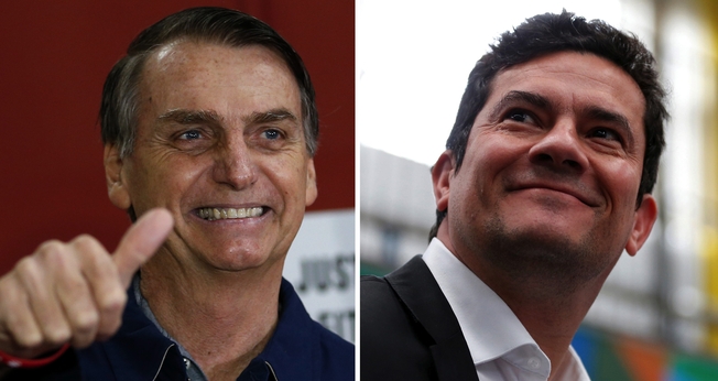 Presidente Jair Bolsonaro e ministro da Justiça Sérgio Moro. (Foto: Silvia Izquierdo/AP/Rodolfo Buhrer/Reuters)