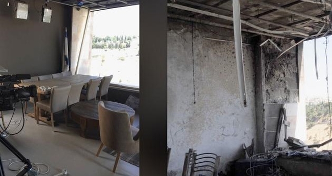 Estúdio da Daystar em Jerusalém antes e depois do ataque a bomba. (Foto: Reprodução/CBN News)
