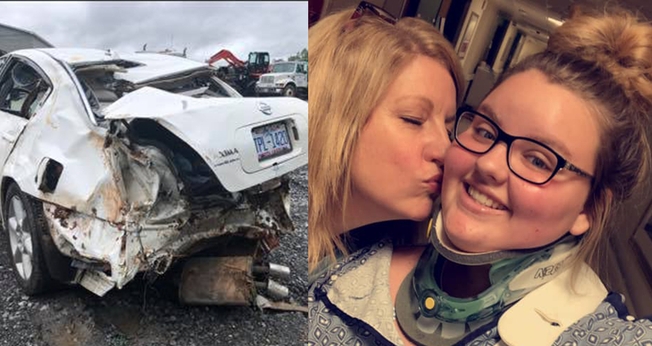 O carro de Macy Smith destruído após acidente, e a jovem agora salva. (Foto: Reprodução/Twitter)