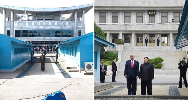 O violão de Steve Feucht na DMZ (à esquerda) e o presidente Donald Trump e o ditador Kim Jon-un se encontram na zona desmilitarizada entre a Coreia do Norte e do Sul. (Foto: Kevin Lamarque/Reuters)