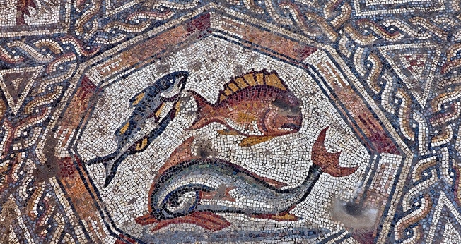 Parte do mosaico de 1.700 anos da era romana descoberto em Israel. (Foto: Assaf Peretz/ Autoridade de Antiguidades de Israel).