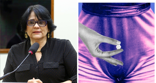 Damares Alves e ilustração da revista AzMina que ensina sobre aborto. (Reprodução/Twitter)