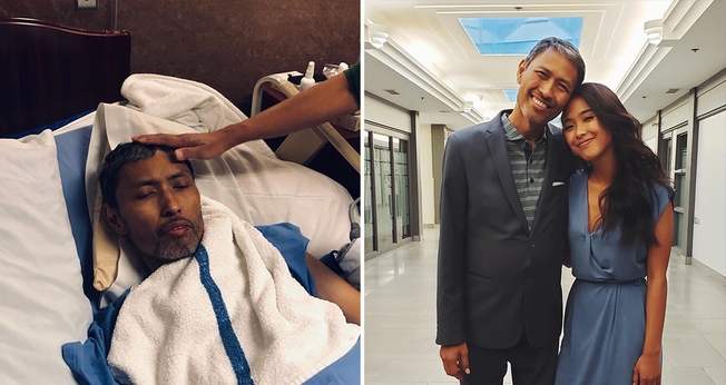 Taddy recebe oração durante tratamento paliativo no hospital (à esquerda); e de alta, ao lado da filha Adrienne. (Foto: Reprodução/Instagram)