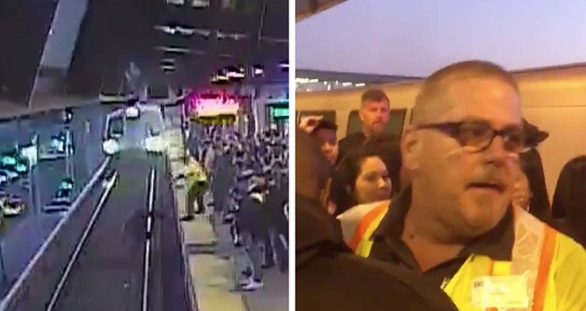 O funcionário John O'Connor puxou um homem de volta para a plataforma, pouco antes do trem chegar à estação Coliseum, na Califórnia. (Foto: Bay Area Rapid Transit/@TonyBadilla)
