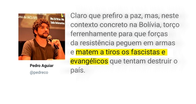 O professor de Jornalismo da UFF, Pedro Aguiar, disse que torce pela morte de evangélicos no contexto político Bolívia. (Foto: Guiame)