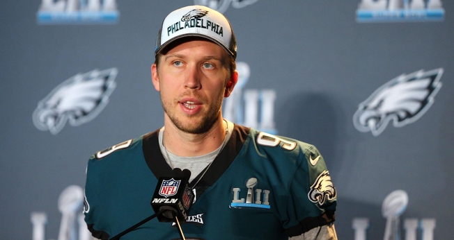 O quarterback Nick Foles durante uma coletiva de imprensa antes do Super Bowl. (Foto: Jerry Lai/USA Today Sports)