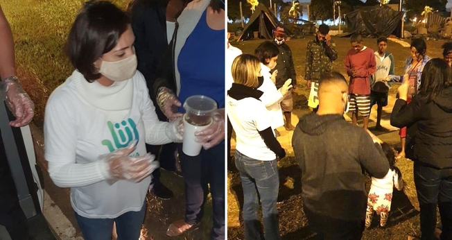 A primeira-dama distribuiu sopa e orou com moradores de rua. (Foto: Instagram/Michelle Bolsonaro)